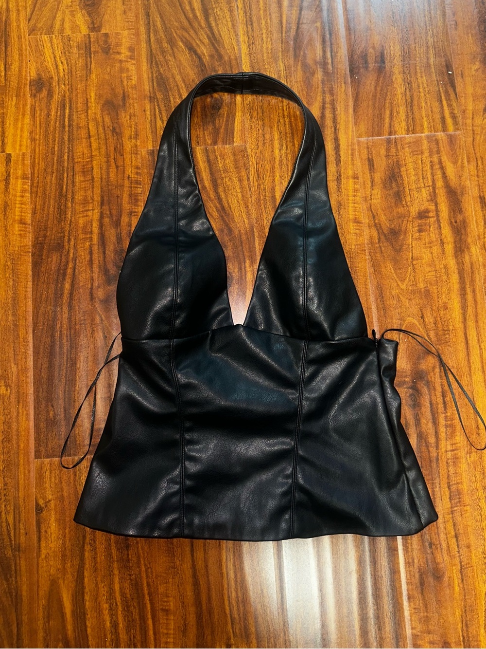 Zara Black Faux Leather V-Neck Halter Top - Size S